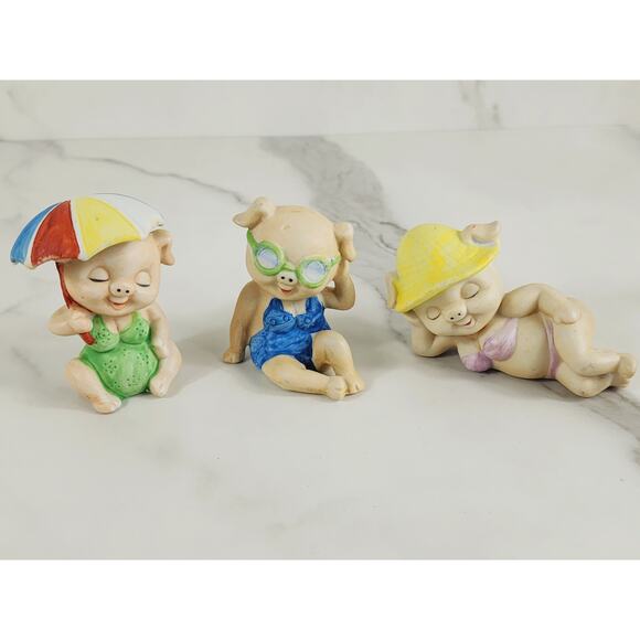 Enesco Pigs in Bikinis Mini Piggy Piglet Figurine 3" Ceramic 80s Pig Lover x3 - Picture 1 of 14